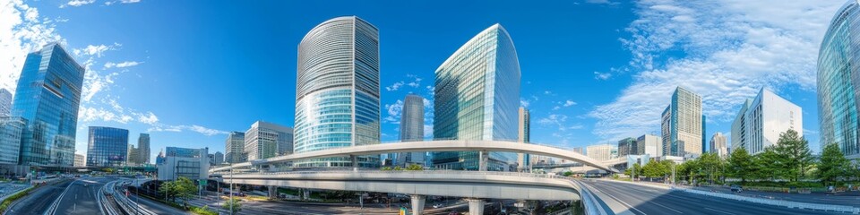 Naklejka premium urban downtown panorama, towering modern business district, wide multi-lane road, streaming traffic flow, contemporary street lighting, green urban landscaping, dramatic architectural photography