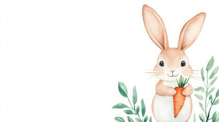 Fototapeta premium A cute, illustrated rabbit holding a carrot among green leaves, perfect for spring-themed designs and children's content.