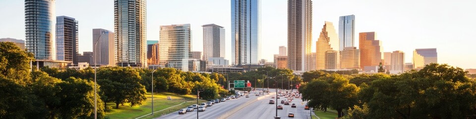 Fototapeta premium contemporary city skyline, modern commercial district, expansive urban roadway, elegant street lamp arrangement, architectural diversity, dense traffic flow, urban landscape photography, natural