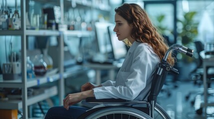 Obraz premium In a laboratory setting, a woman in a wheelchair and lab coat surrounded by equipment.