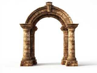 An ancient stone archway showcasing classic architectural design, isolated on white background.