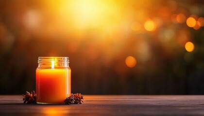A glowing orange candle in a serene setting, creating a warm and cozy atmosphere perfect for relaxation and reflection.