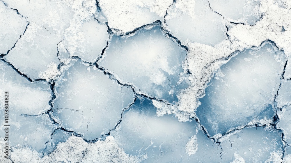 Poster cracked ice surface with a frosty texture. this photo can be used as a background for winter-themed 