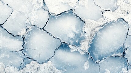 Cracked ice surface with a frosty texture. This photo can be used as a background for winter-themed projects or to represent fragility and change.