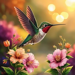 Fototapeta premium Hummingbird Hovering Next to Flower, Macro Photography
