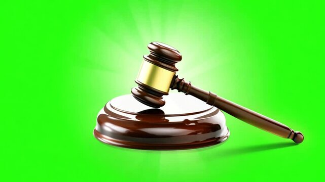 Gavel,judge hammer animation on green screen background. Gavel being struck to decide an auction or guilty verdict in court. Green Screen. Court room gavel Chroma key 4k video