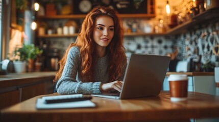 A young woman is sitting at a table in her kitchen, making a video call with her colleagues on her laptop, with her notebook and her favorite drink next to her.