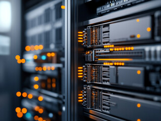 Close-up of modern computer servers with glowing lights in a data center.