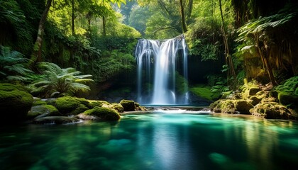 Crystal clear waterfall in a rainforest