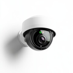 Modern security camera on a white wall for surveillance and safety monitoring, isolated on white background.