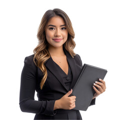 A young Hispanic woman in a professional jacket and skirt, holding a portfolio, isolated on white background