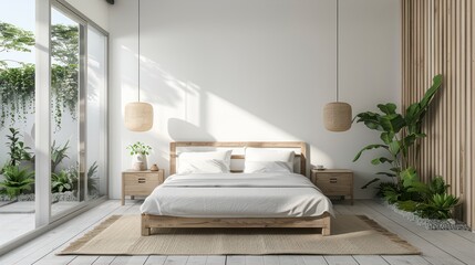 A serene white bedroom with large windows allows natural light to flood the room, creating a peaceful and airy atmosphere. The minimalist design enhances the calm, relaxing vibe of the space.
