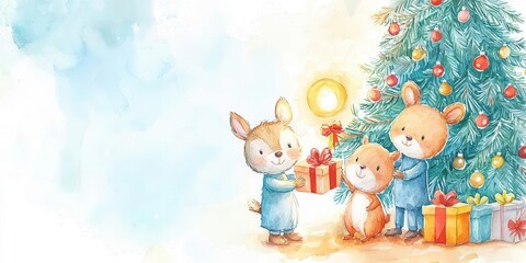 Cute woodland animals exchanging gifts under a glowing Christmas tree, magical and colorful watercolor scene