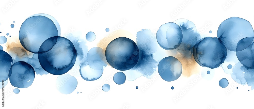 Poster an abstract composition featuring fluid blue watercolor circles of various sizes, intermingled with 