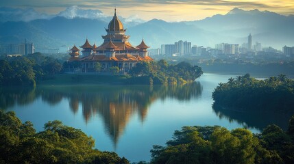 Obraz premium A golden temple sits on an island in a lake, surrounded by mountains and trees, with a city skyline in the background.
