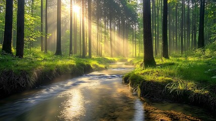Obraz premium Sunlit Stream Through the Morning Forest
