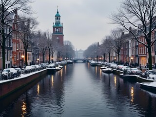 Amsterdam city view during the winter. Snow, canal, tall and slim houses, bicycle