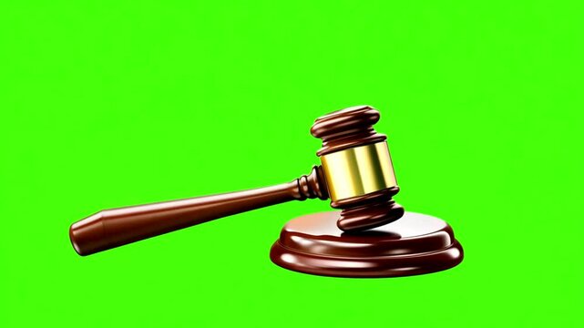 Gavel,judge hammer animation on green screen background. Gavel being struck to decide an auction or guilty verdict in court. Green Screen. Court room gavel Chroma key 4k video