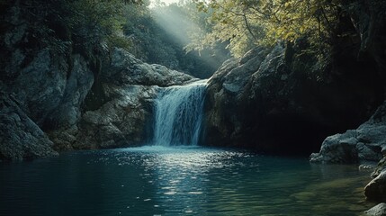 Naklejka premium Hidden waterfall in a dense jungle, sunlight casting a soft glow on water as it falls into a tranquil pool
