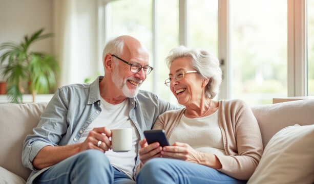 An elderly couple are laughing and looking at the phone screen on the sofa in the living room