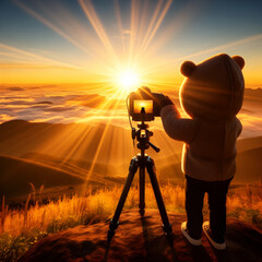 Photographer capturing sunrise concept as Shot from behind of a photographer capturing the glossy sunrise from a mountain viewpoint tripod set up with golden rays illuminating the scene. in  Photo Sto