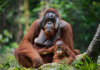 Fototapeta premium Orang-Utan (Pongo) Muttertier mit Jungen in tropischer Landschaft