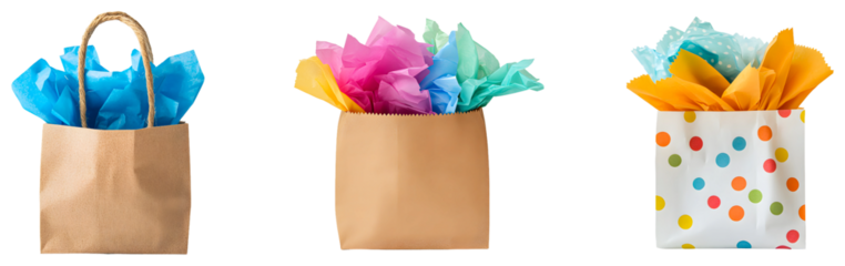 Brightly colored gift bag set with vibrant tissue paper lining isolated on transparent background