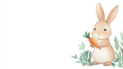 Obraz premium Cute cartoon rabbit holding a carrot, surrounded by green leaves, perfect for children's illustrations and nature themes.