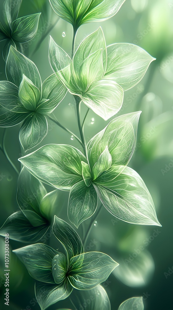 Poster A close-up of vibrant green leaves illuminated by soft light, showcasing delicate veining and droplets of water, creating a refreshing and tranquil atmosphere.
