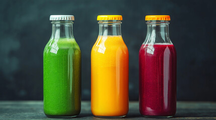 Green, yellow, orange and red smoothie in glass bottles
