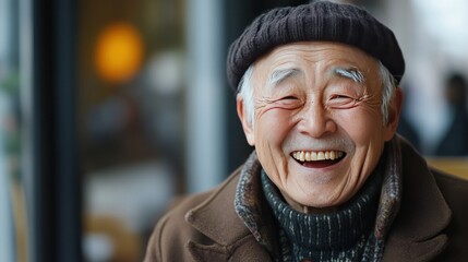 The old man laughed heartily, his face showed true happiness and smile. The plain background emphasized his brightness and clear expression of emotion.