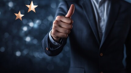 A businessman gives a thumbs up with two gold stars behind his hand, showing that he is satisfied with the product.