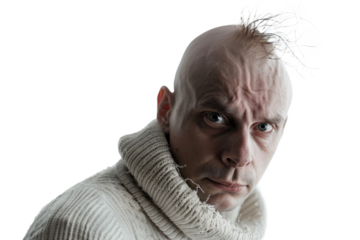 Portrait of a man with a complex, layered expression, portraying the multifaceted nature of mental illness, on white