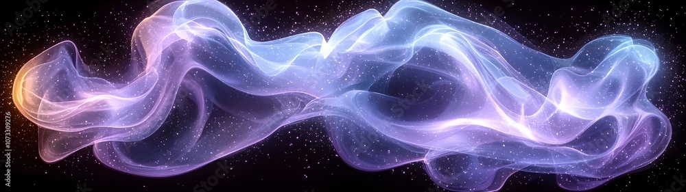 Poster an ethereal, flowing composition of swirling purple and blue light forms against a dark backdrop, cr