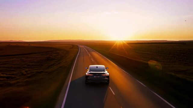 A car driving along an open road at sunrise, symbolizing freedom, adventure, and the beauty of the journey. The view is open, ideal for copy space.