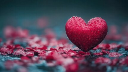 Fototapeta premium A vibrant red heart, glistening with droplets, stands out atop a reflective surface scattered with soft rose petals. The tranquil atmosphere creates a romantic vibe, perfect for expressing affection a