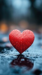 Fototapeta premium A red heart sits on a wet surface, glistening with water droplets. The soft focus background suggests a rainy day, enhancing the emotional and romantic atmosphere created by the vibrant heart.