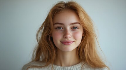 The young woman smiled slightly and avoided eye contact, her face was flushed, showing shyness and cuteness. The plain background emphasized the cuteness of the expression.