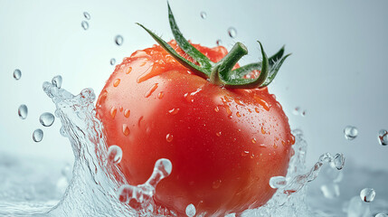 splash of juicy ripe fresh tomato vegetable close-up on a light solid background