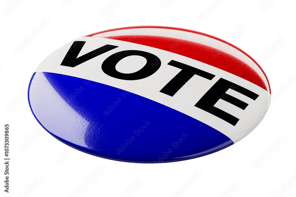 Poster a circular voting badge featuring red, white, and blue sections with vote in bold letters, shown in 