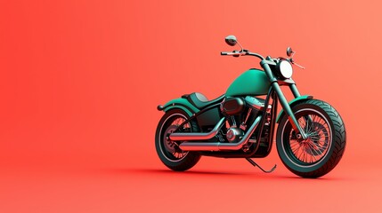 Obraz premium Stylish green motorcycle against a vibrant red background for modern transport visuals.