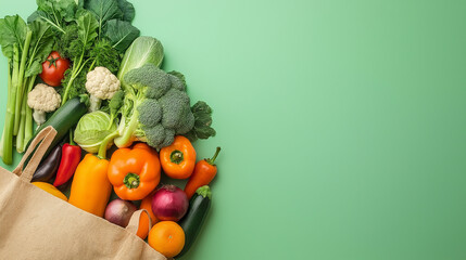 Variety of fresh vegetables spilling from a shopping bag, isolated with copy space, low angle, bright natural lighting. isolated on soft plain pastel solid background