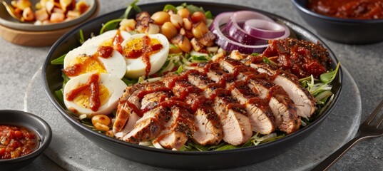 Grilled Chicken Breast Salad with Boiled Eggs, Chickpeas, Red Onions, and Spicy Sauce