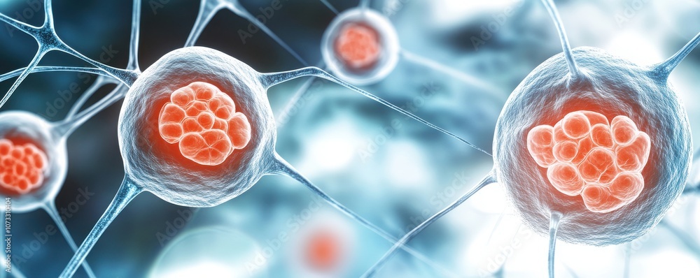 Poster a close-up view of cells showcasing intricate details, with vibrant orange structures and a web of c