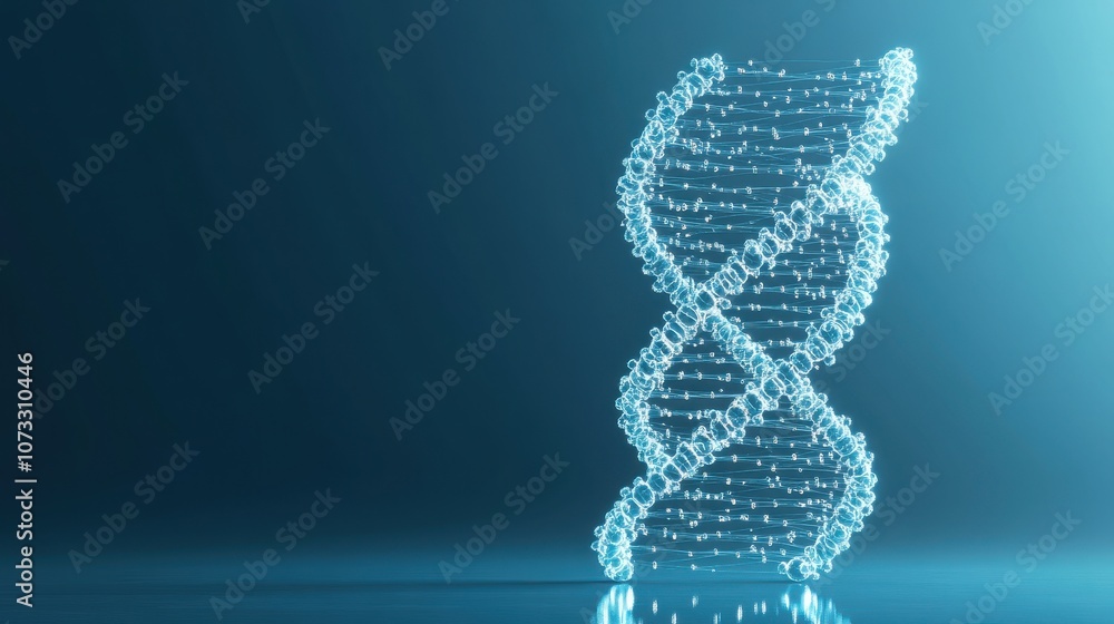 Poster a 3d representation of a dna double helix made of shimmering particles, set against a blue backgroun
