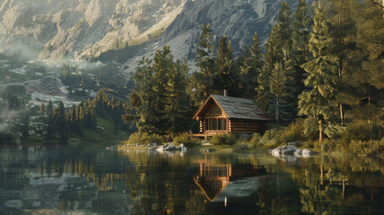 Obraz premium Nestled among towering pine trees, a solitary log cabin sits beside a tranquil mountain lake, offering a perfect escape into nature.