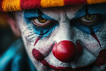 Close-up of a clown with intense gaze, painted face, and colorful hat, evoking a mix of intrigue and unease, set against a mysterious background.