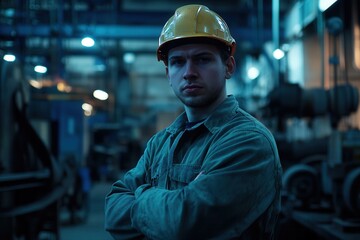 A worker stands proudly in a protective helmet, holding tools while showcasing a slight smile. Behind him, a bustling production workshop features various equipment, highlighting an active work enviro