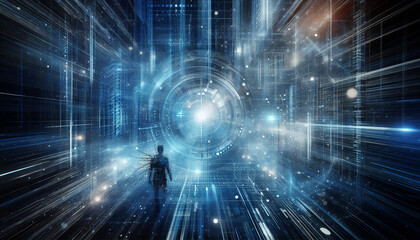 テクノロジーの世界の中に入り込んでいく人間をイメージした抽象的イラスト