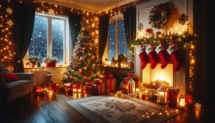 クリスマスを過ごす暖かな暖炉がある室内